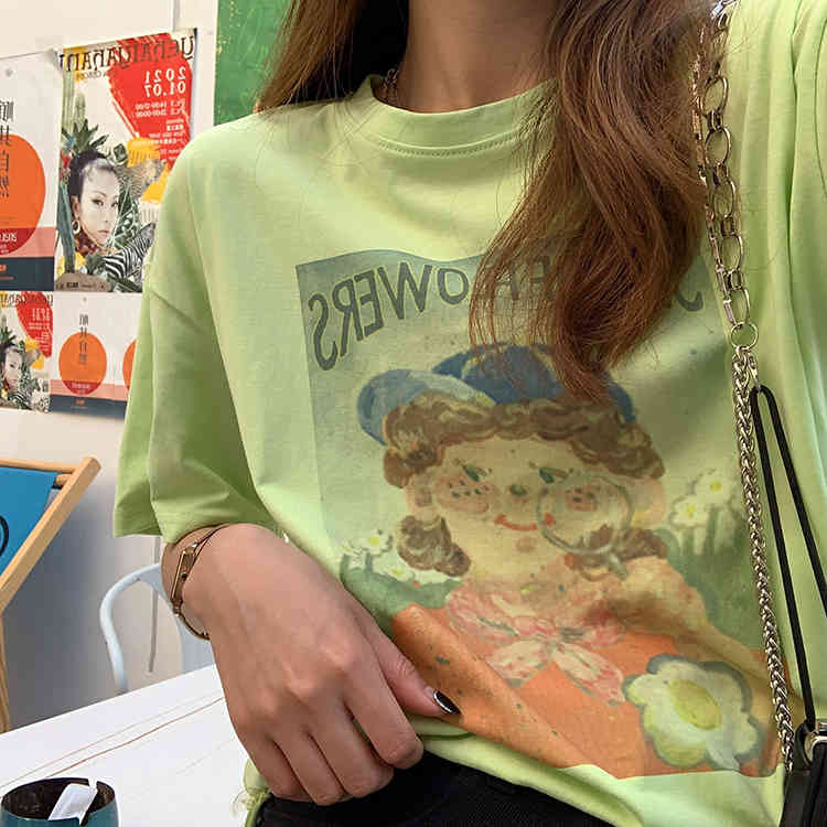 2 Colors Summer korean style Cartoon Little Girl Short Sleeve t-shirt Womens tops Tees shirt femme (F4305) 210423