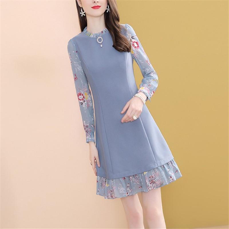 Casual Dresses Fashion Blue Print Dress Women 2021 Listing O-neck Long Sleeve Slim Temperament OL Office Lady Vestido