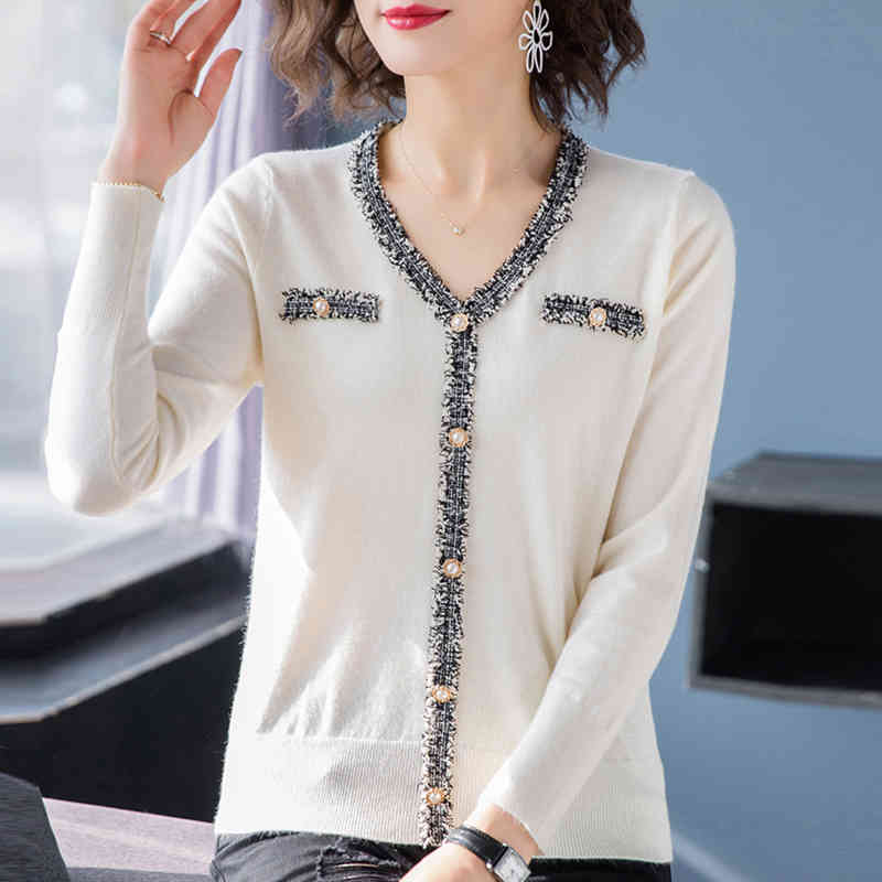 Beading Patchwork V-Neck Button Knitwear Tops For Women Slim Spring knitted Sweaters Base Shirt Elegant Long Sleeve Pullover 210522