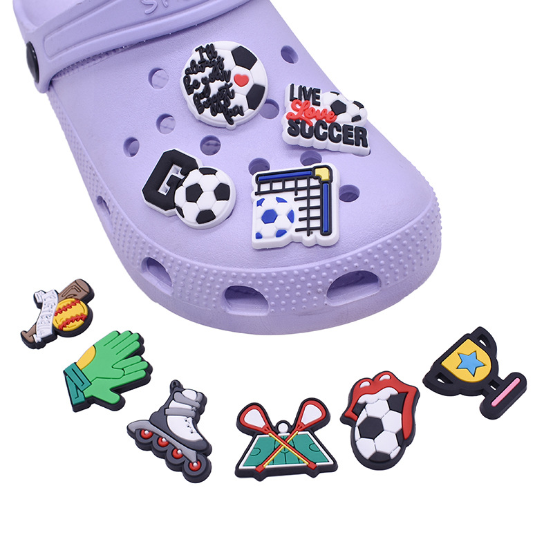 

Single Sale 50pcs Football Shoe Buckle Accessories PVC Live Love Soccer Shoe Charm Decoration Pins Fit Croc Jibz Party Kids Gifts