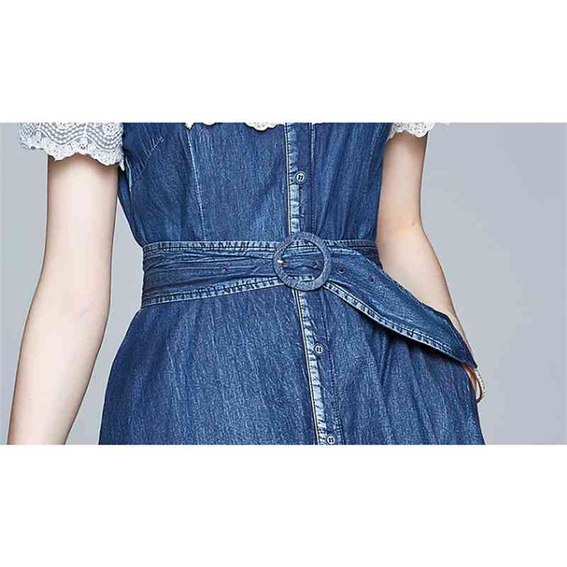 Women Long Denim Summer Dress Fashion Lace up Blue es Short Sleeve Patchwork Big Swing Female Vestidos 210520