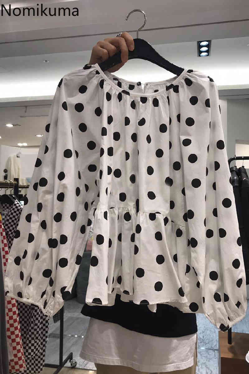 Nomikuma Korean Dot Ruffle Women Blouse Causal Puff Sleeve O-neck Shirt Spring New Blusas Ropa Para Mujeres De Moda 6F503 210427