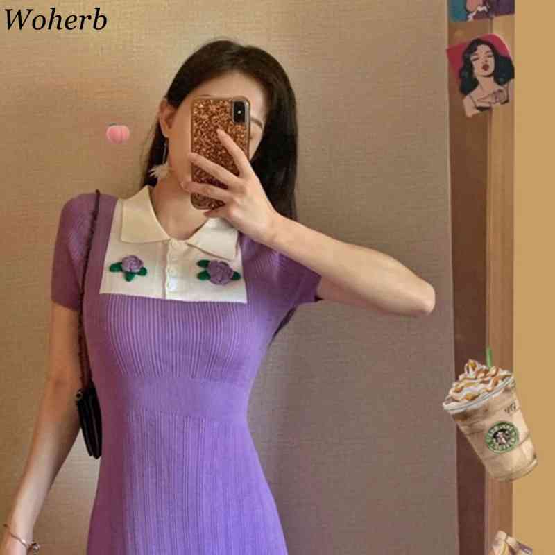 Summer Purple Dress Women Slim Bodycon Knit Stretch Dresses Floral Patch Sexy Short Sleeve Robe Korean Elegant Vestidos 210519