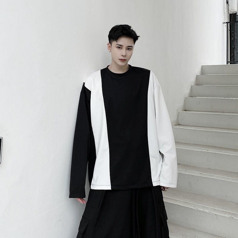 IEFB / men's wear classic black white contrast color stitching round collar t-shirs for male long sleeve oversize tops 9Y3899 210524