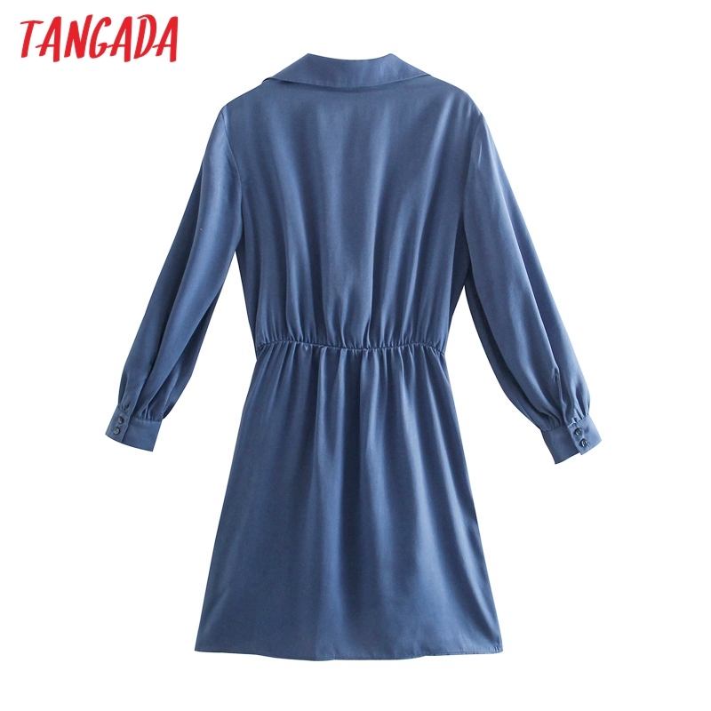 Fashion Women Blue Satin Shirt Long Sleeve Office Ladies Mini Dress with Bow 5Z31 210416