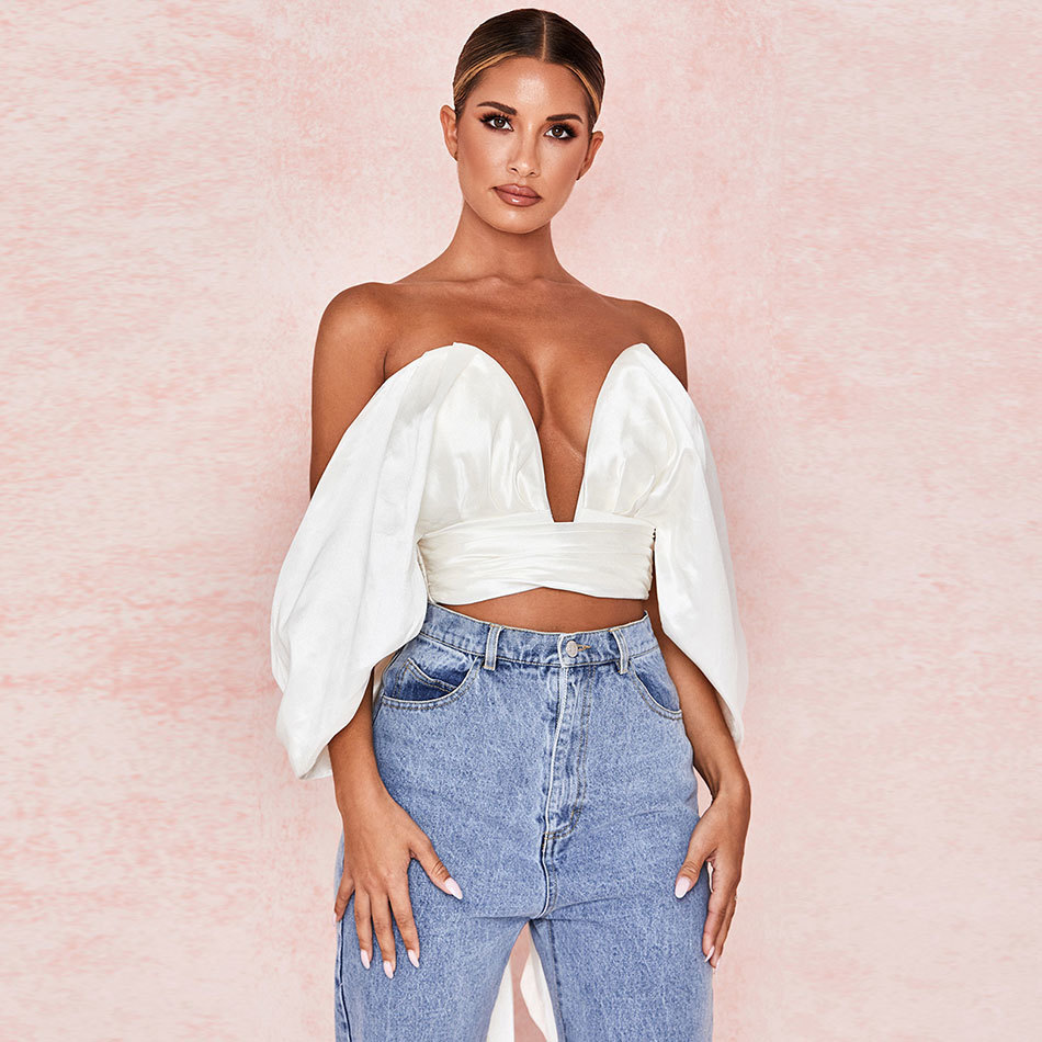 Free Women's Satin Shirt White Sexy Strapless V-neck Card Shoulder Open Back Lace-Up Top Club Party 210524