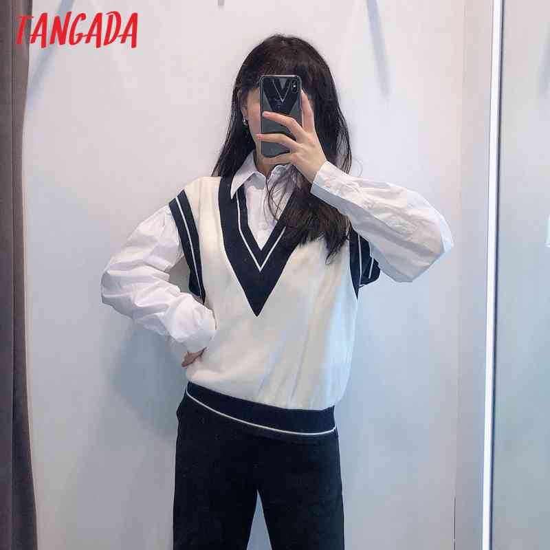 Women Fashion White Knitted Vest Sweater Vintage V Neck Sleeveless Female Waistcoat Chic Tops BE455 210416