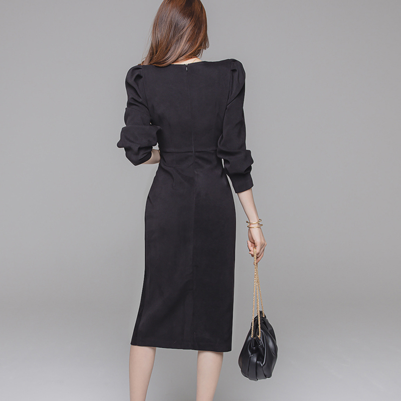 Autumn Korea Fashion Women Pure Color Dress Temperament V-neck Long Sleeve Wrapped Hip Slim Office Casual Ladies 210506