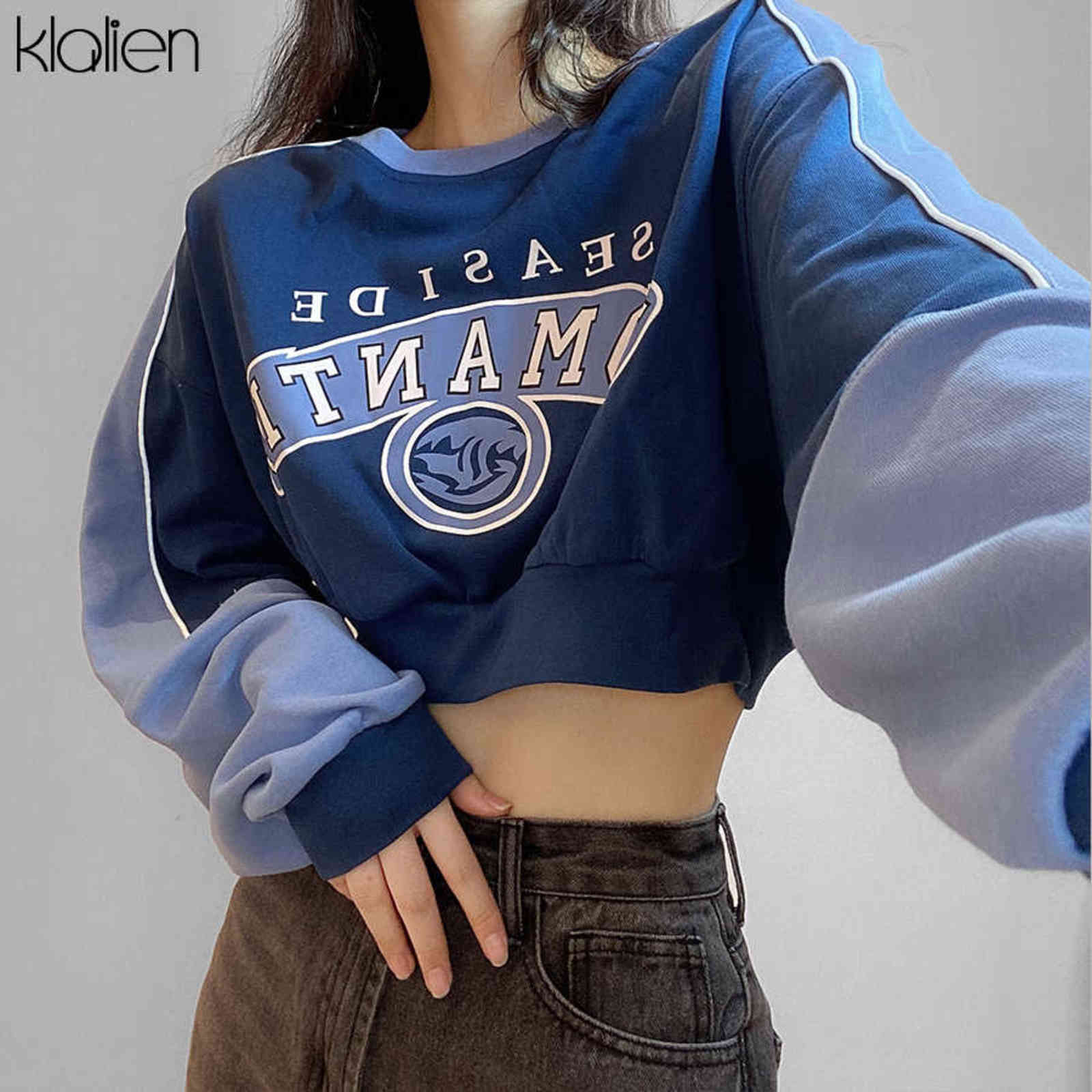 KLALIEN Fashion Print Letter Long Sleeve O neck Loose Pullovers Hoodie Autumn Casual Street Soft Cotton Wild Sweatshirt Lady 211109