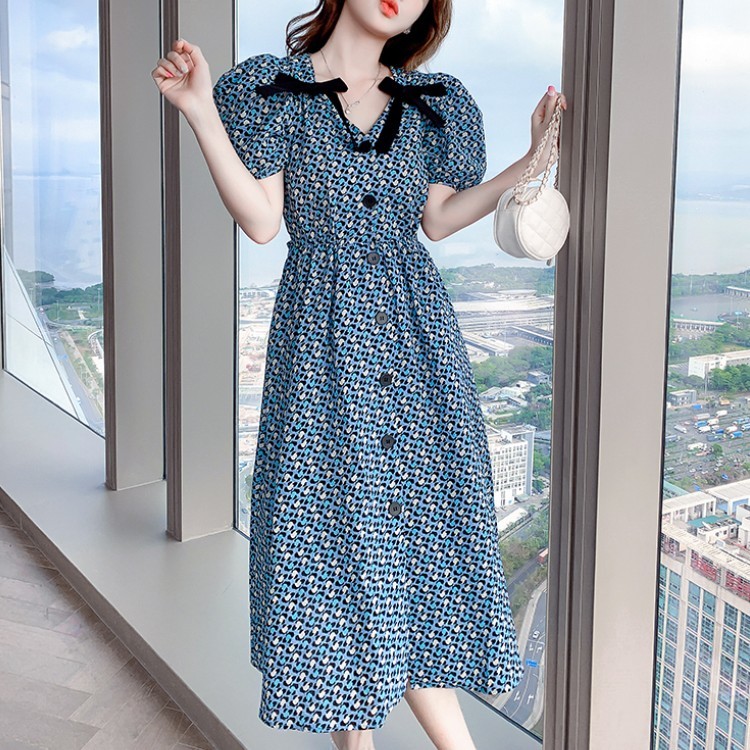 Vintage Summer Elegant Women Sweet Bowknot V-Neck Single Breasted Casual Dress Fashion Print A-Line Midi Long Vestido 210519
