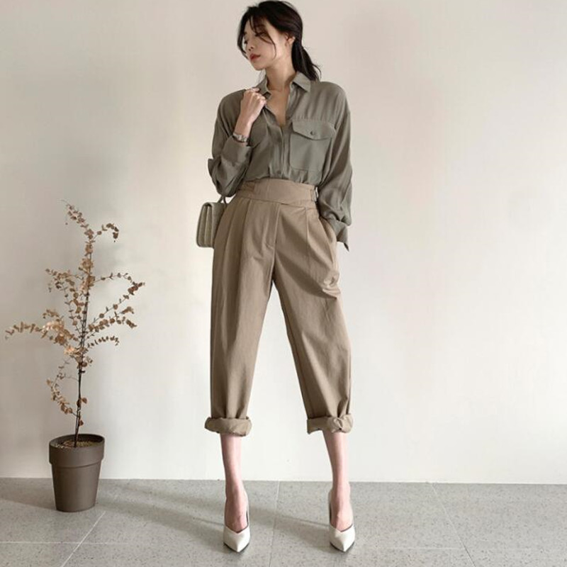 OL Wear Casual High Waist Straight Wide Leg Pants Women Bottoms Spring Autumn Suit Solid Loose Trousers Female 210421