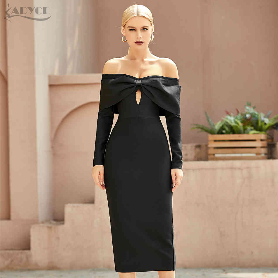 Summer Women Off Shoudler Black Bow Bandage Dress Sexy Hollow Out Long Sleeve Midi Evening Club Party Lady 210423