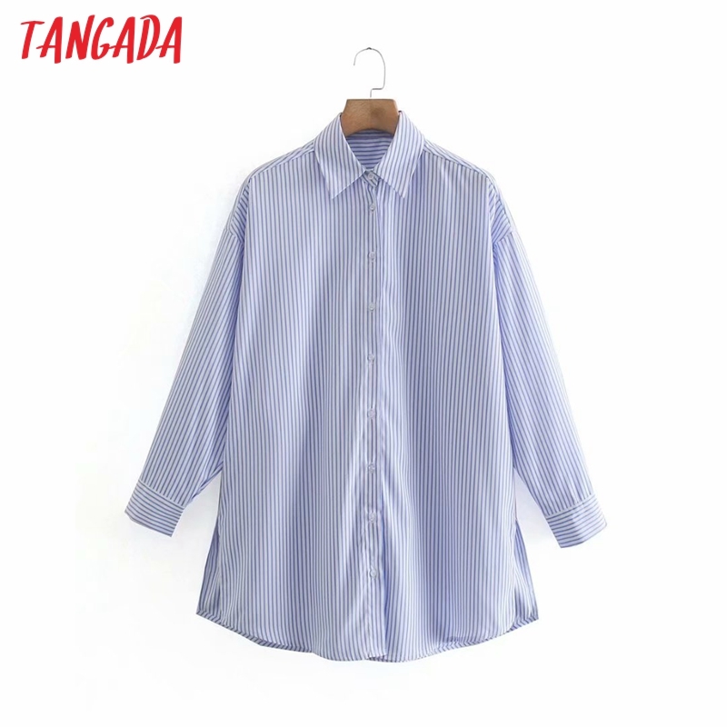 Women Vintage Striped Print Side Split Shirts Ladies Long Sleeve Blouse Chic Blusas Tops XN327 210416