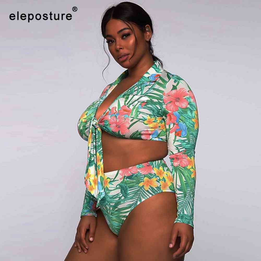 Sexy Plus Size Swimwear Women Leaves Print Bikini Long Sleeves Swimsuit Female High Waisted Bathing Suits Summer Beach Wear 210521