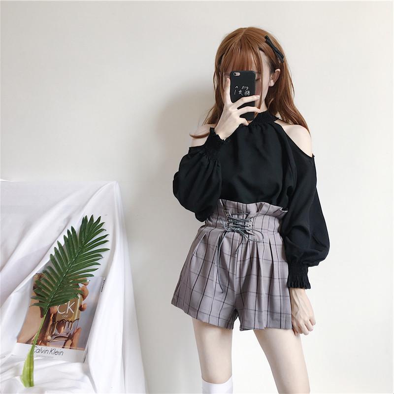 HELIAR Women Shorts Plaid Drawstring Hot Shorts With Ribbons Elastic Waist Wide Leg High Waist Shorts For Women Autumn 210408