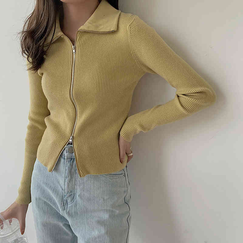 Long Sleeve Solid Women Vintage Sweater Autumn Korean-Style Knitted Zip Cardigan Stripe Woolen Korean Top 2001C 210420