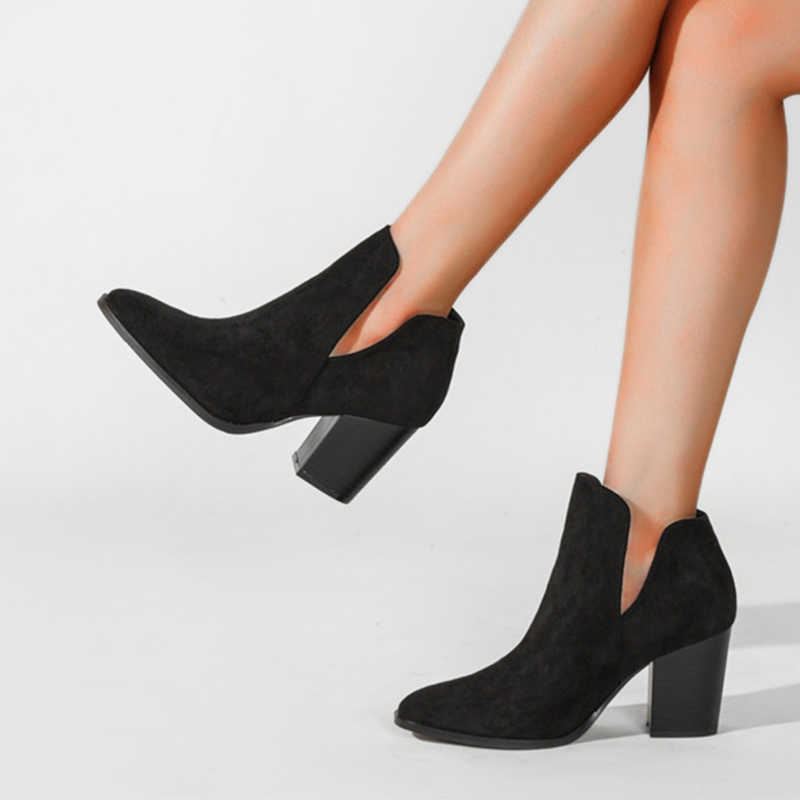 Women's Ankle Boots V Shaped Pointed Toe Women Booties 2021 New Ladies Flock Solid Color Thick Heels Footwear Autumn Plus Size Y0914