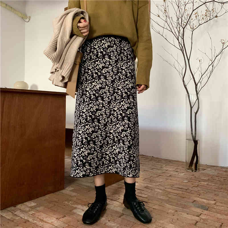 Autumn Winter High Waist Vintage Floral Print Knitted Skirt Female OL Elegant Fashion A-line Long Skirts Womens 210421