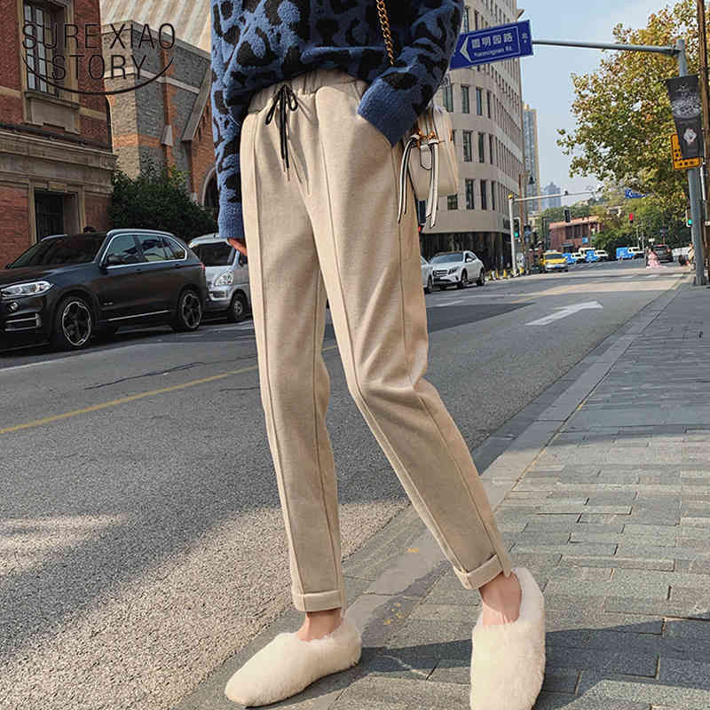 Thick Warm Casual Woolen Elastic Waist Women Pants Autumn and Winter Loose Korean Female Long Trousers 7281 50 210417