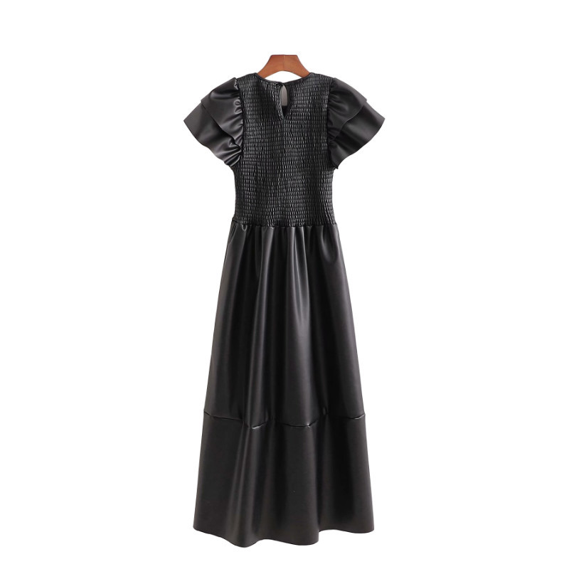 Vintage Woman Long PU Tight Draped Dress Spring-Autumn Fashion Ladies Short Sleeve es Female Casual Streetwear 210515