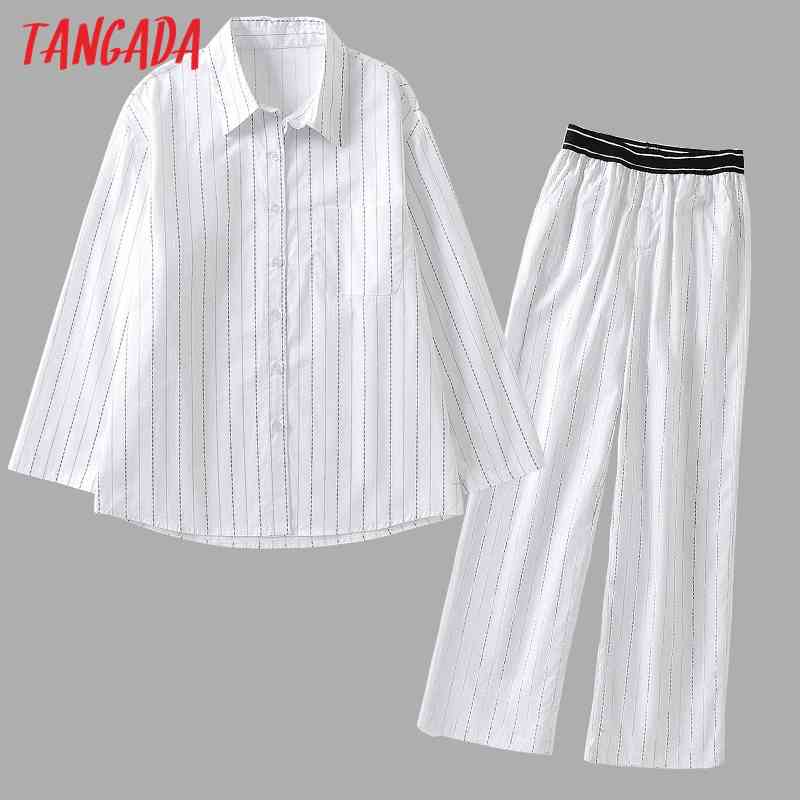 Women 100% Cotton Tracksuit Blue Loose Shirt Trousers 2 Pieces Sets Long Sleeve Blouse Pants Suits 6L38 210416