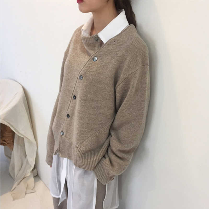 Yitimoky Khaki Cardigan for Women Sweater Irregular Knitted Oblique Single Breasted Fall Clothes Grey Casual Fashion 210914