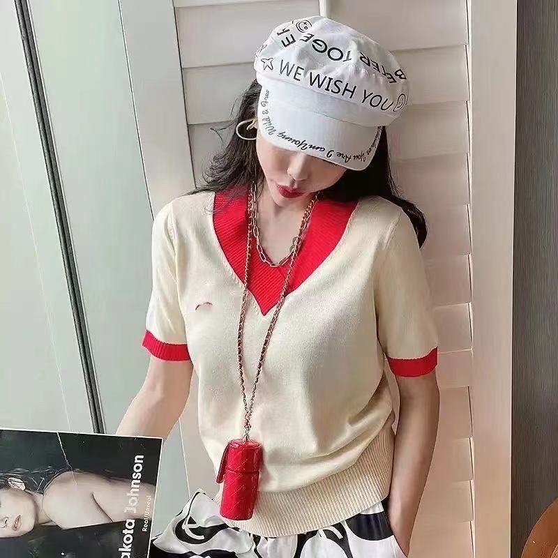 Women's Knits 2021 summer ice silk short sleeve t shirt sweater French V-neck color matching bottom blouse women, White
Women's Knits 2021 summer ice silk short sleeve t shirt sweater French V-neck color matching bottom blouse women, White