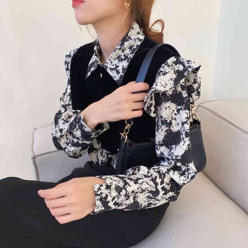 Vintage Printed Loose Fashion Lapel Retro Work Wear Blouse Brief Office Lady Chic Elegance Women Gentle Shirts 210421