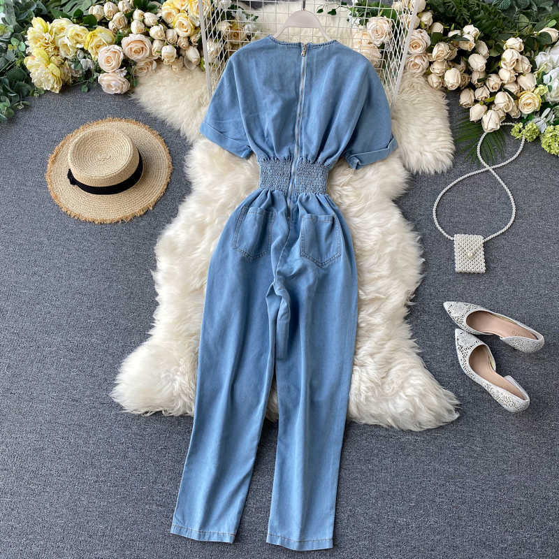 Women Vintage Jeans Female Elastic Waist Thin Fashion Short Bat Sleeved Jumpsuits for Women's Summer Overalls M145 210527