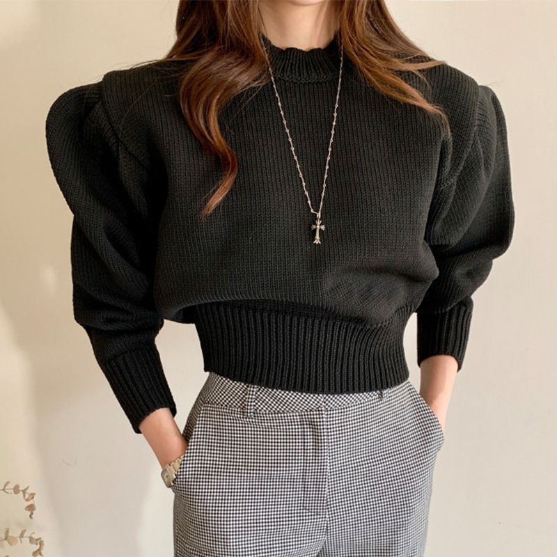 Candy Color Autumn Solid Pullovers Puff Sleeve Winter Korean Short Mujer Sueteres Elegant Sweaters Women 18480 210415