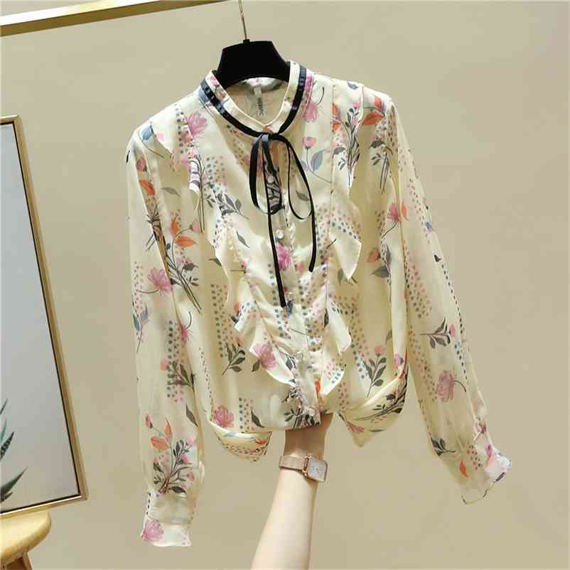 Autumn Fashion Women's Long Sleeves Bow Ruffles Floral Chiffon Shirts Female Girls Ladies Shirt Blouse Tops A4041 210519, Beige
Autumn Fashion Women's Long Sleeves Bow Ruffles Floral Chiffon Shirts Female Girls Ladies Shirt Blouse Tops A4041 210519, Beige