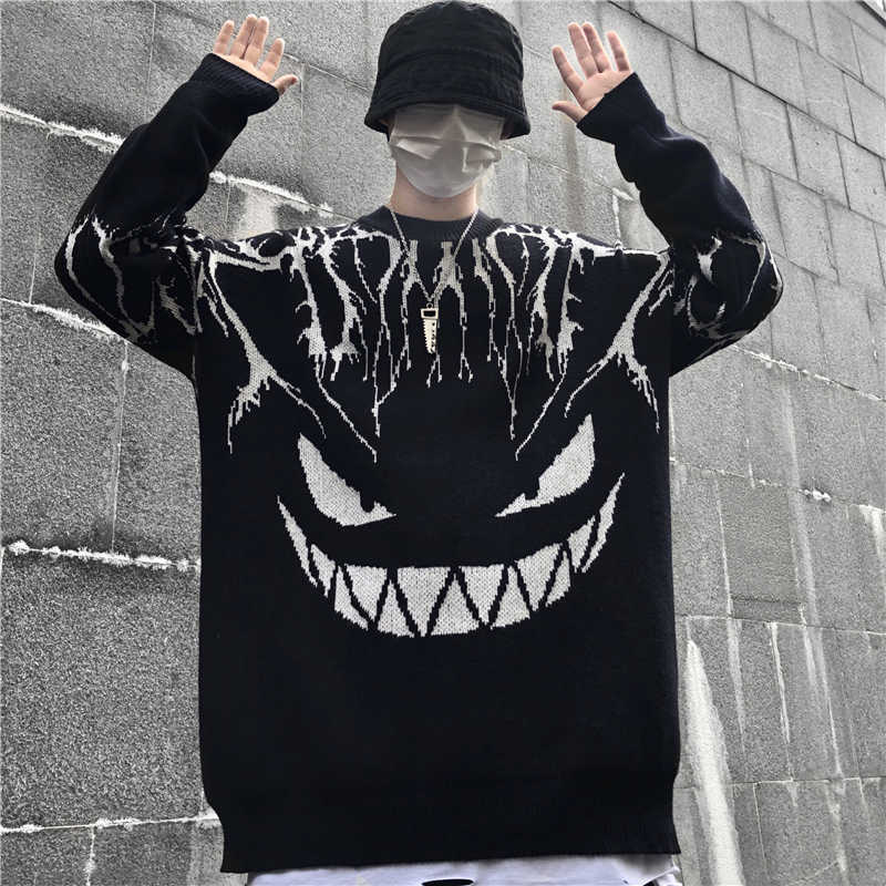Woherb Harajuku Black Sweater Women Men Lightning Devil Knitted Jumper Oversize Pullover Hip Hop Streetwear Autumn Sweaters 211018