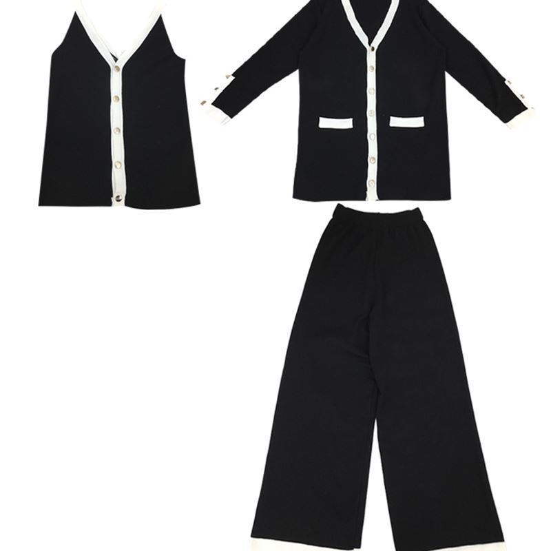 Women Casual Ol Pant Set Spring Ladies Small Fragrant V Neck Vest Top+cardigan+wide-leg Pants Suit Knitted Three-piece Suit 210515