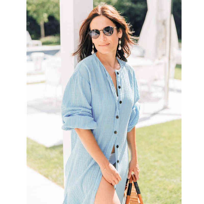 Elegant Bikini Cover-ups Sexy Button Frony Open Long Sleeve Summer Beach Dress Women Wear Swim Suit Cover Up Q1253 210420