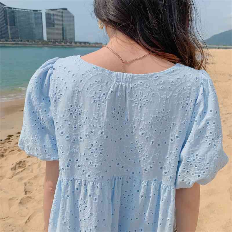 Blue Lace Dress Summer Cotton O-Neck Hollow Out Loose Dresses Bohemian Party Vestidos Robe Femme Sundress 210520