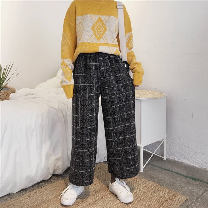 Harajuku Plaid Pants Women High Waist Wide Leg Trousers Streetwear Casual Loose Female Pantalones Mujer 210519
