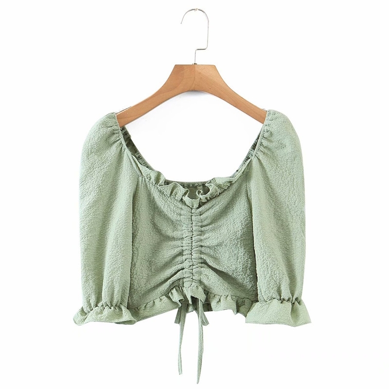 Sweet Women O Neck Shirring Blouse Spring-autumn Fashion Ladies High Street Shirt Female Elastic Drawstring Crop Top 210430