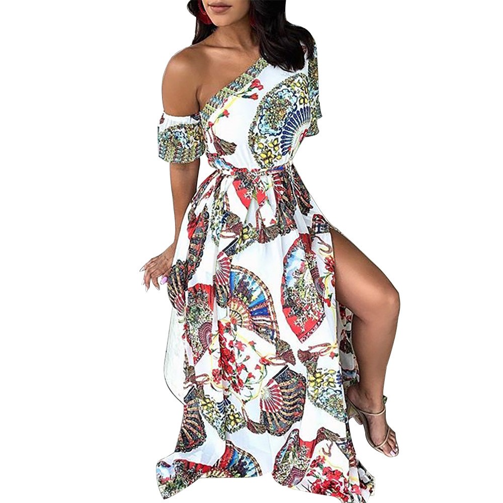 Women Dress Printed Bohemia es Sexy Long Print Floral Maxi Oblique Shoulder Split Plus Size Summer es 210513