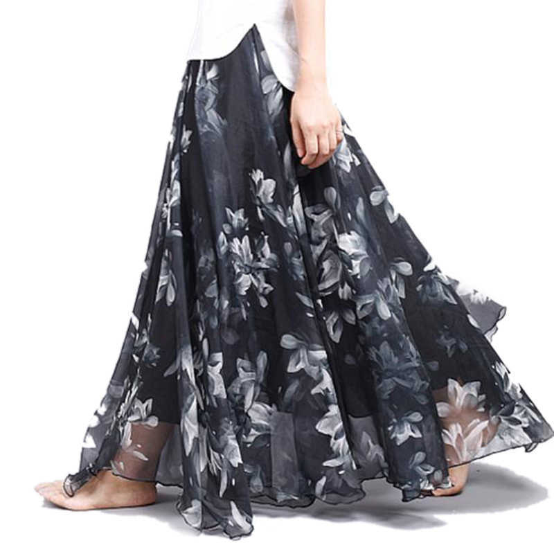 Fashion Women's BOHO Elegant Florals Print Chiffon Long Skirt Ladies Slim High-Waist Elastic Waist Pleated Skirts SK15 210621