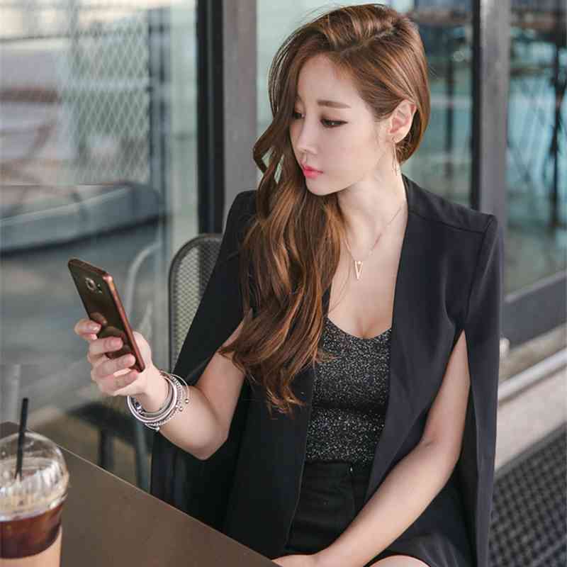 Fashion Spring Black Cape Coat Vintage V-Neck Split Cloak Jacket Female OL Office Workwear Outerwear 210519
