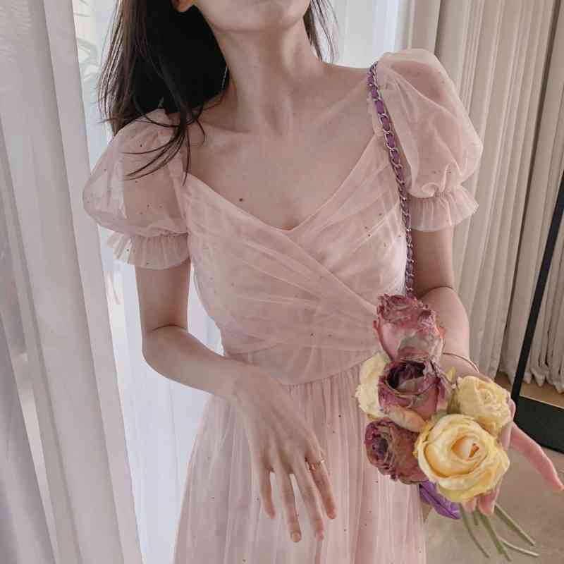 Sweet Elegant Dress Women Short Sleeve Lace Tulle Fairy Dress Party Beach Dress Korean V-neck Summer Office Lady 210521