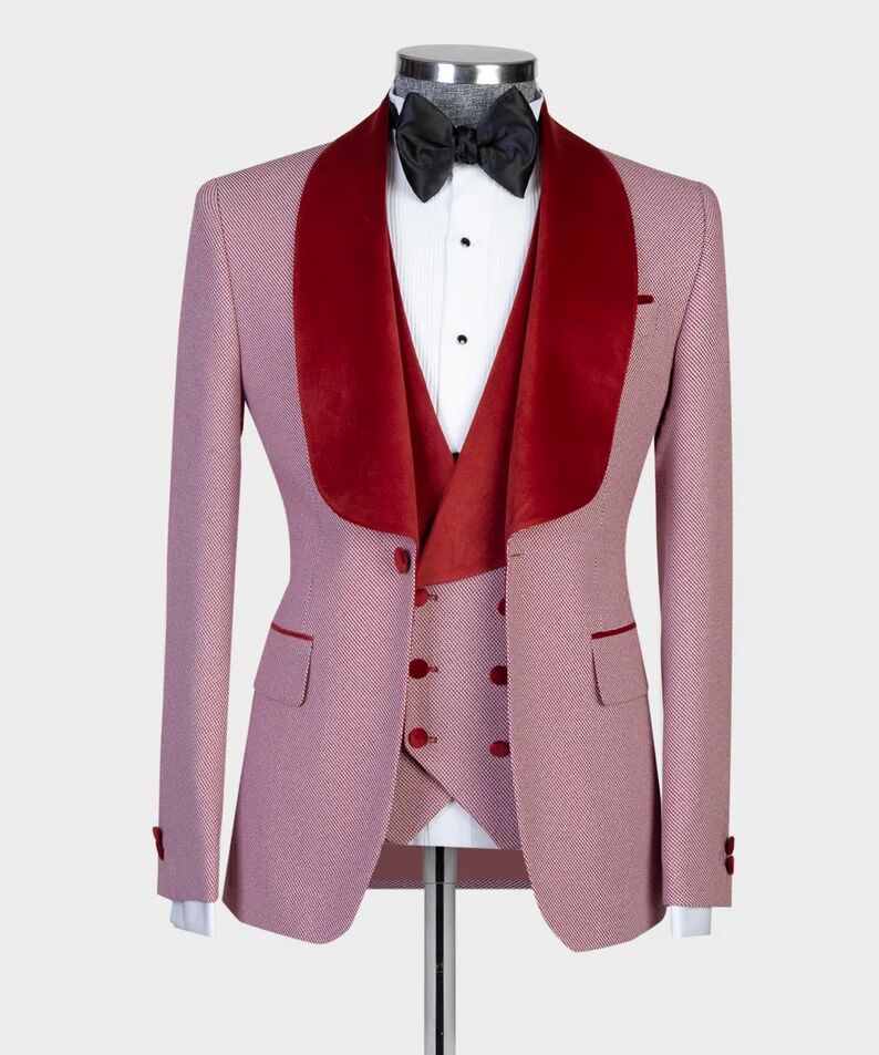 Newest One Button Groom Polyester Tuxedos Red Shawl Lapel Slim Fit Mens Wedding Suits Formal Party Prom Suit Custom Made(Jacket+ Vest+Pants)