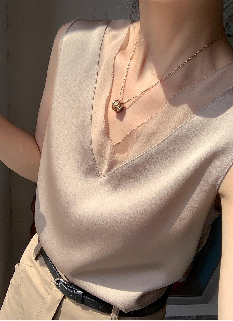 Women's Blouses & Shirts Summer Elegant Tunic Vintage Office Plus Size Satin Silk Blouse Basic Chiffon Tops Shirt Black Champagne 2022