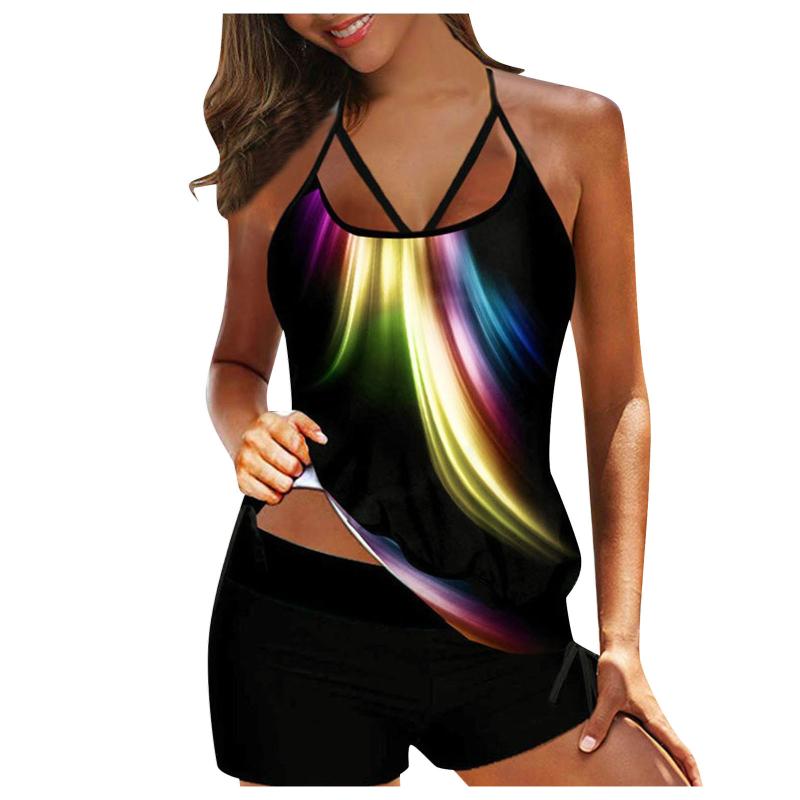 Sexy Bikini Women Plus Size Print Strappy Back Tankini Set Two Piece Swimsuits Swimdress Komplety Damskie Kostium Kapielowy #Y Women's Swimw