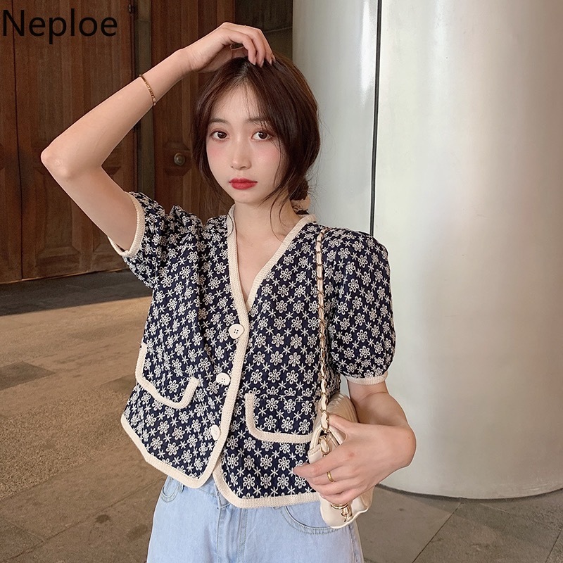 Neploe Vintage Blouses Puff Sleeve Top Women's Elegant Summer Wild Short Blusas Mujer V Neck Single Breasted Chic Buttons Shirts 210422