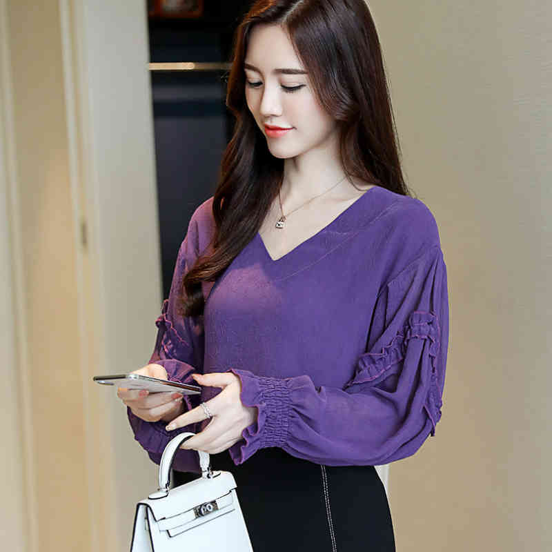 Fashion Elegant V Collar Purple Blouse Shirt 3XL Plus Size Tops Long Sleeve Women Shirts 2447 50 210415