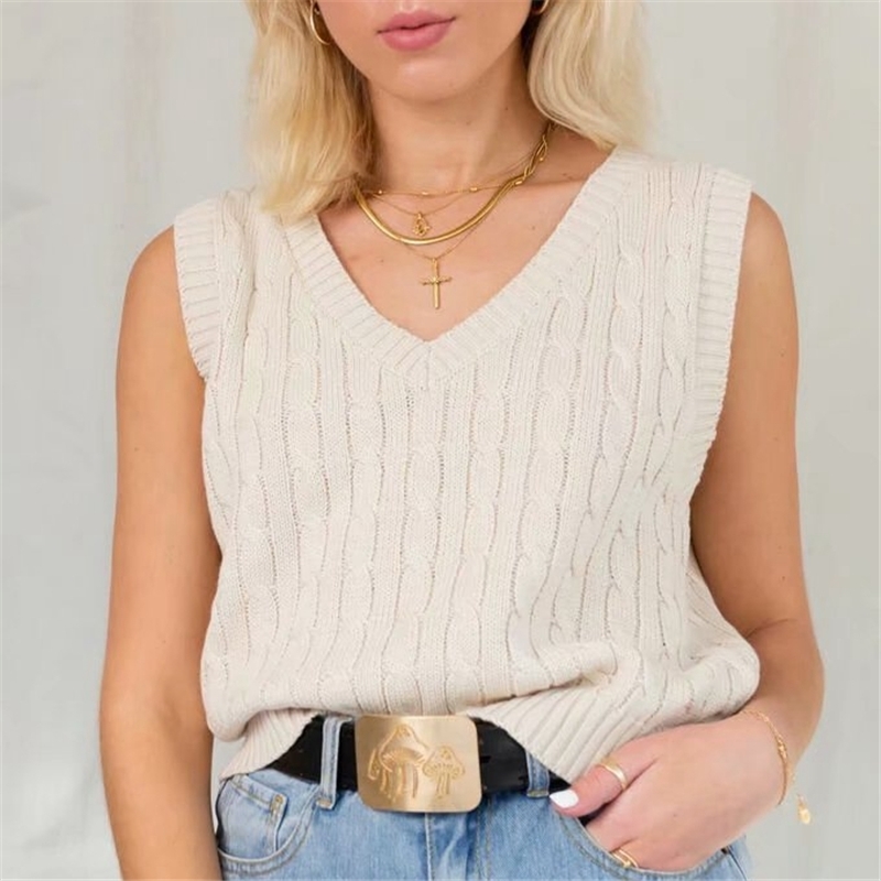 Vintage Women V-Neck Sweaters Vest Fashion Ladies Solid Knitted Tanks Streetwear Female Chic Beige Pullovers 210430