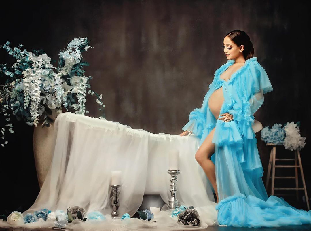 Elegant Blue Women Sleepwear Robes Tiered Ruffles Maternity Fluffy Kimono Pregnant Prom Nightrobes Bathrobe Bridesmaid Evening Dresses