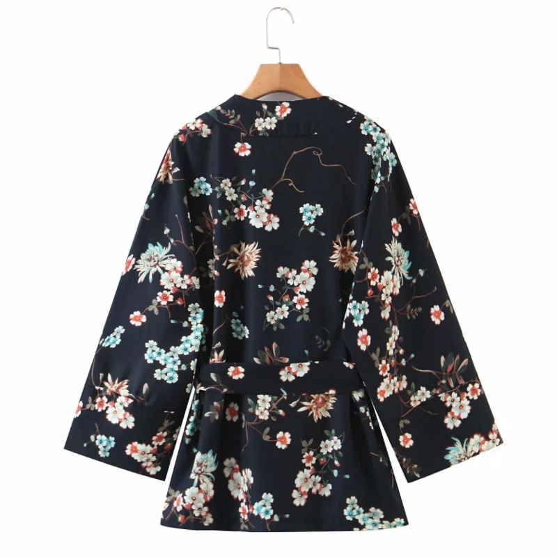 Spring Women Flower Printing Sashes Kimono Shirt Female Nine Quarter Sleeve Blouse Casual Lady Loose Tops Blusas S8656 210430