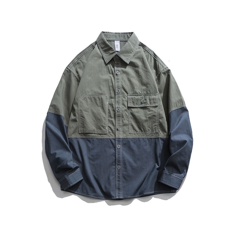 IEFB Spring Stitching Contrast Color Workwear Long Sleeve Casual Shirts Men's Casaul Tops Double Pockets Blouse 9Y6068 210524